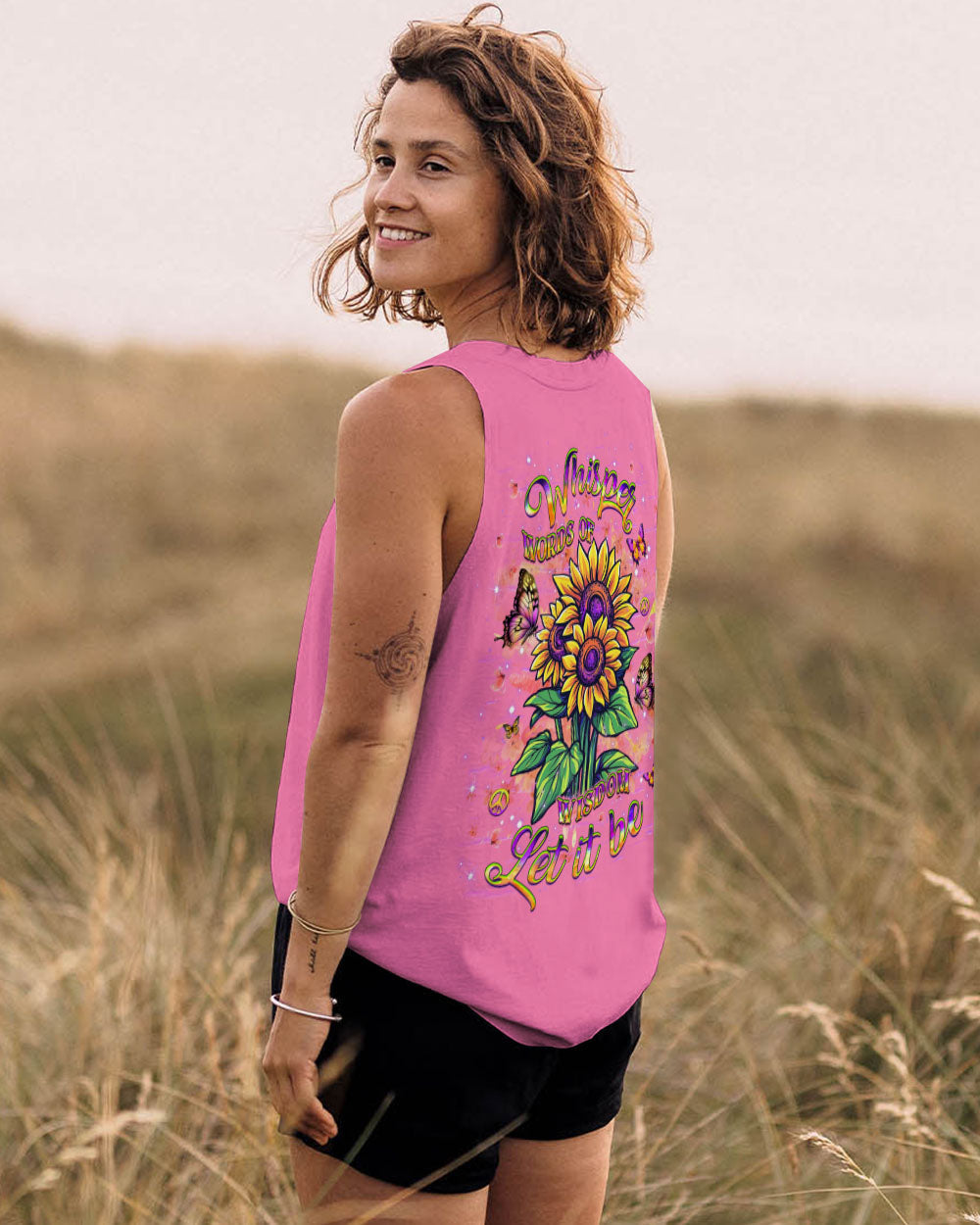 Let It Be Whisper Words of Wisdom Hippie Sunflower Graphic for Women AOP Shirts _14_ DBebo