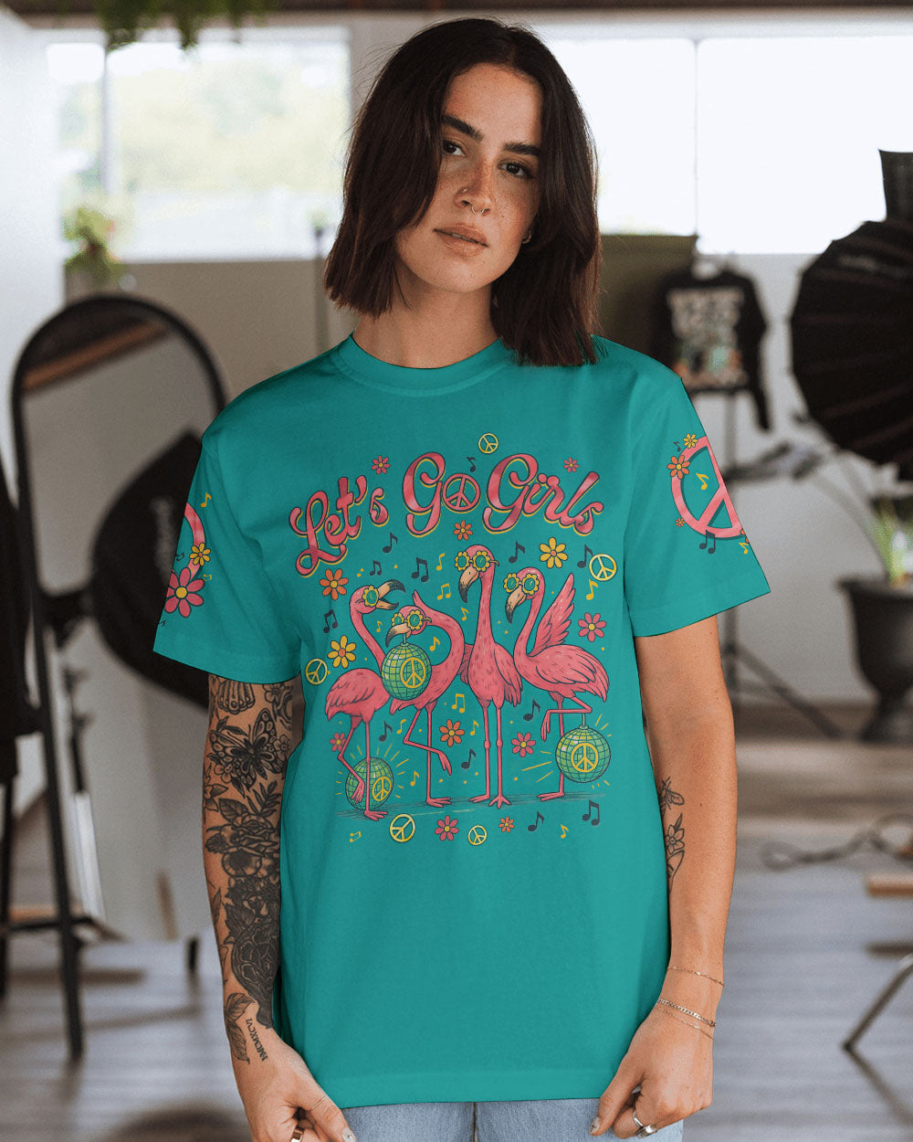 Let_E2_80_99s Go Girls Flamingo Peace and Retro Disco Graphic Tee for Women AOP Shirts _8_ NL6EV