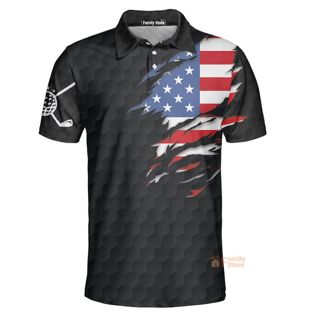 US Flag Teared Golf Pattern Golf Men Polo Shirt