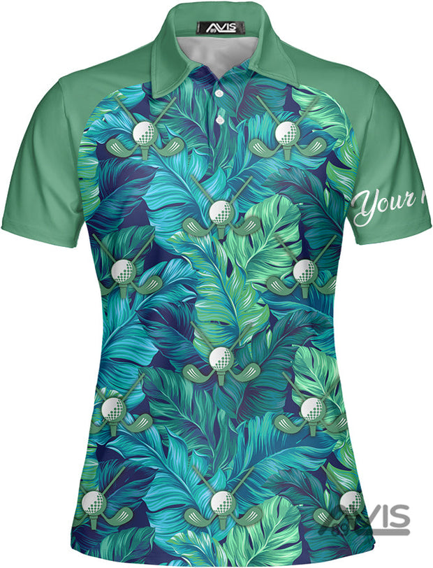 Tropical Leaves Green Golf - Personalized Women Polo