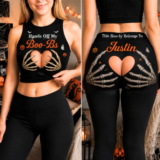 Hands Off Spooky Halloween Funny Party Outfit - Personalized Leggings & Crop Tanktop