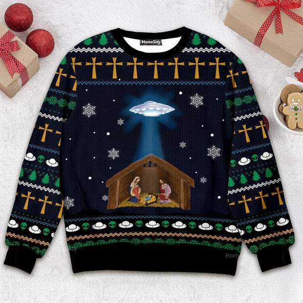 Jesus Nativity With UFO Star Christmas Ugly Sweater QT212101Hj