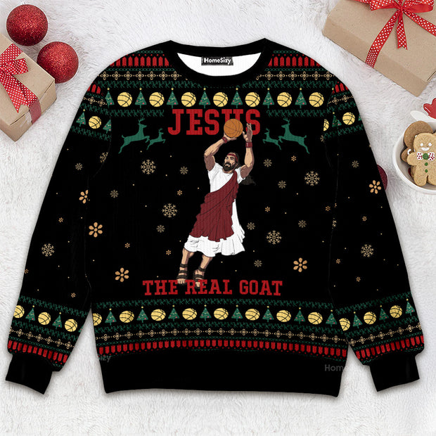 Jesus The Real Goat Slam Dunk - Christmas Gift For Adults - Ugly Christmas Sweater QT309315