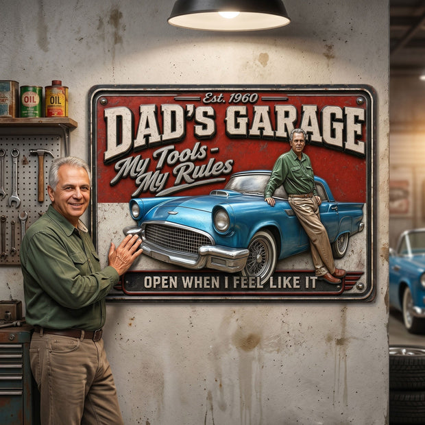 Retro Car Garage Dad Metal Sign - Personalized Custom Photo Metal Sign -  Gifts For Father's Day