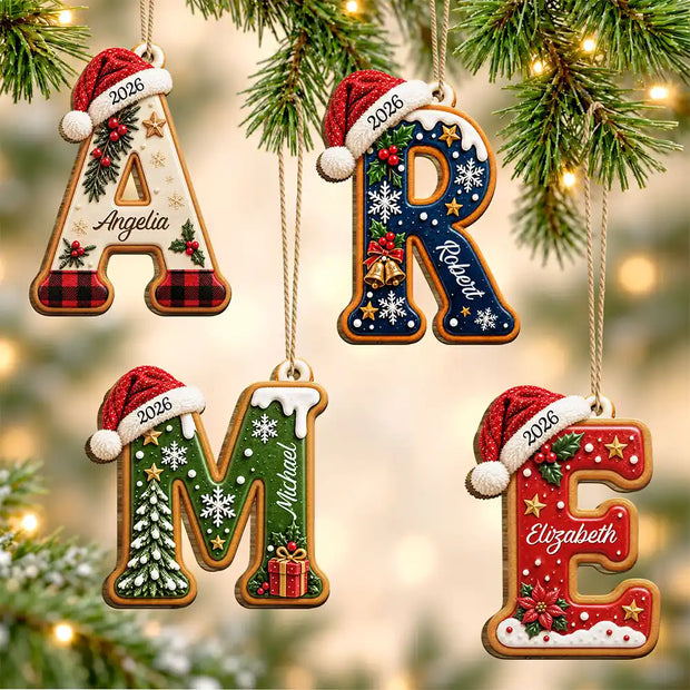 Custom Name Christmas Santa Hat Initial Letter Gift For Family - Personalized Custom Wooden Ornament