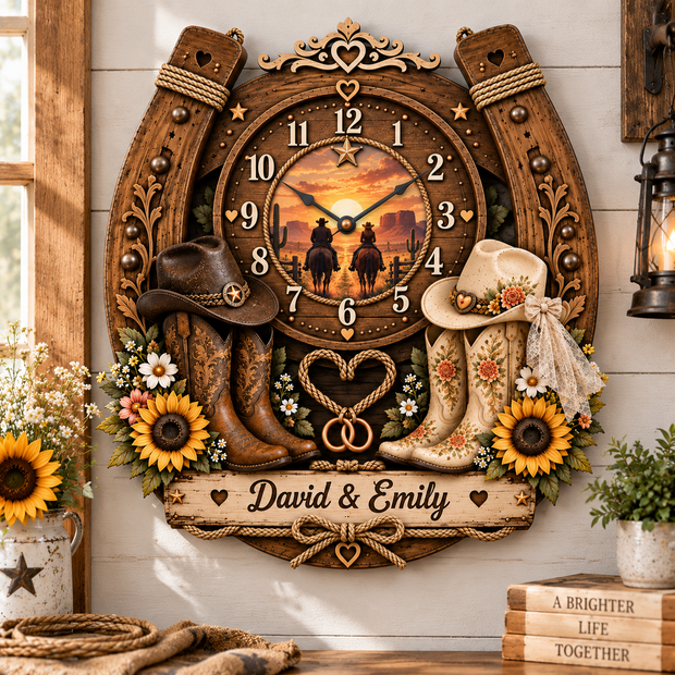 Cowboy & Cowgirl Western - Personalized Wall Hanging Clock - Gift For Couple