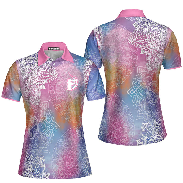 Pink Abstract Mandala Pattern Girl Golf Short Sleeve Women Polo Shirt, Colorful Golf Shirt For Ladies QT210560Lc