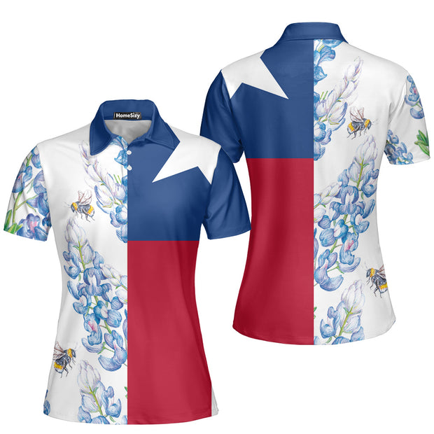 Texas Flag Bluebonnets Polo Shirt For Woman Short Sleeve Women Polo Shirt QT306155Lc