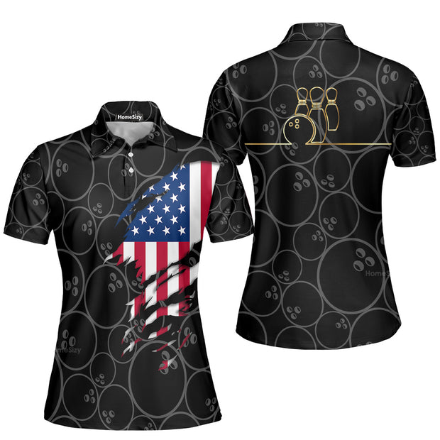 American Flag With Bowling Pattern Short Sleeve Women Polo Shirt QT302065Lc