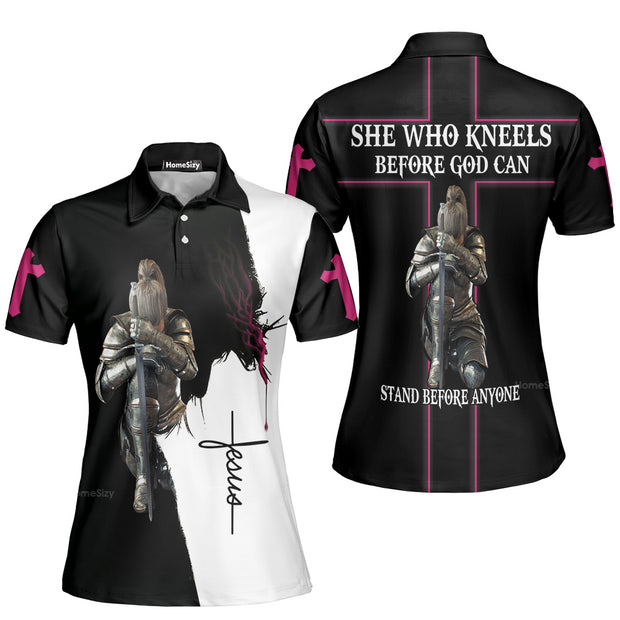 She Who Kneels Before God Jesus Can Stand Before Anyone Women Polo Shirt QT305117Lc