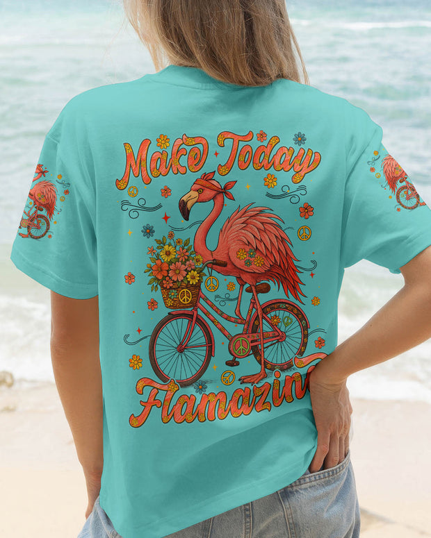 Make Today Flamazing Flamingo - Fun Bike Graphic Tee with Flowers & Peace Design for Women - AOP Shirts