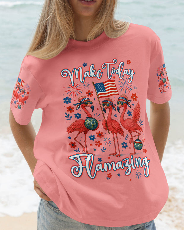 Make Today Flamazing Flamingo - Patriotic Graphic Tee with Fireworks & USA Flag for Women Tshirt - AOP Shirts