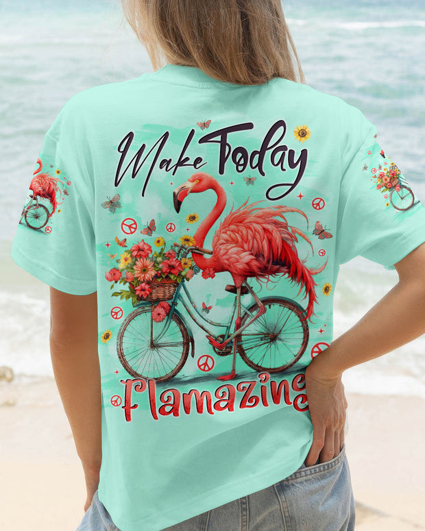 Make Today Flamazing - Flamingo on Bicycle with Flower Graphic for Women - AOP Shirts