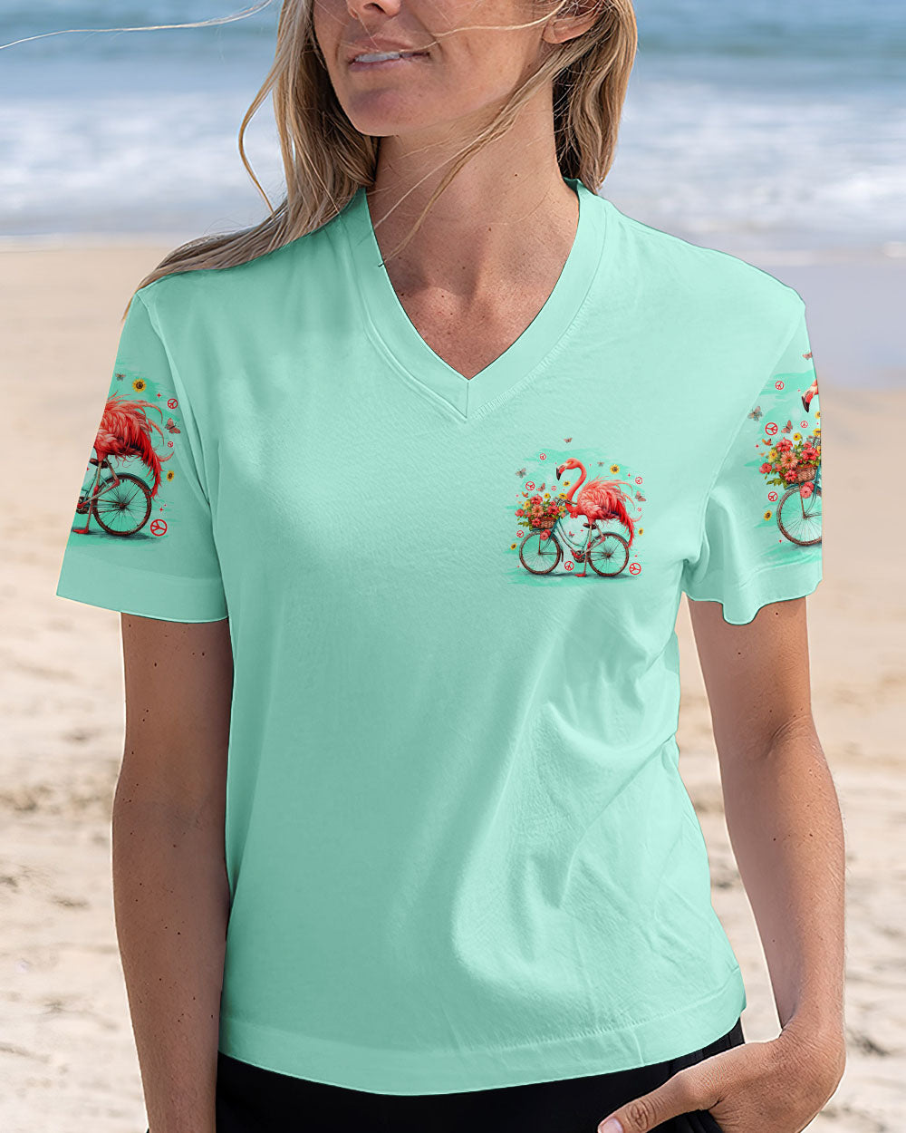 Make Today Flamazing Flamingo on Bicycle with Flower Graphic for Women AOP Shirts _4_ y7tPm