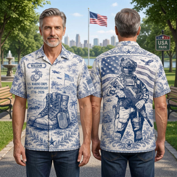 Veteran Celebrate America 250th Anniversary Toile De Jouy Hawaiian Shirt - Personalized Hawaiian Shirt - Gift For Veterans