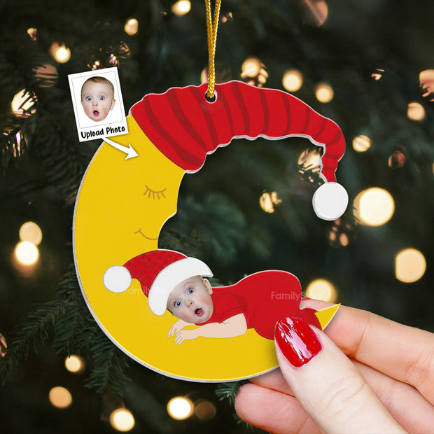 Custom Photo Baby Sleeping On The Moon - Gift For Family - Personalized Acrylic Ornament - NA94