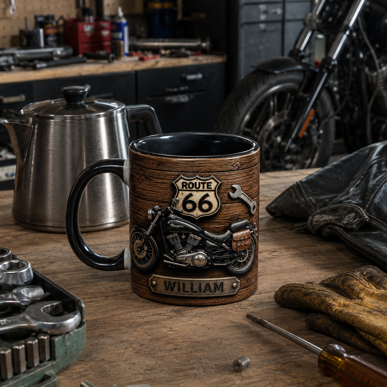 Motorcycle_lover_personalized_ceramic_mug_with_custom_name_black_accent_handle_vintage_bike_artwork_and_Route_66_theme