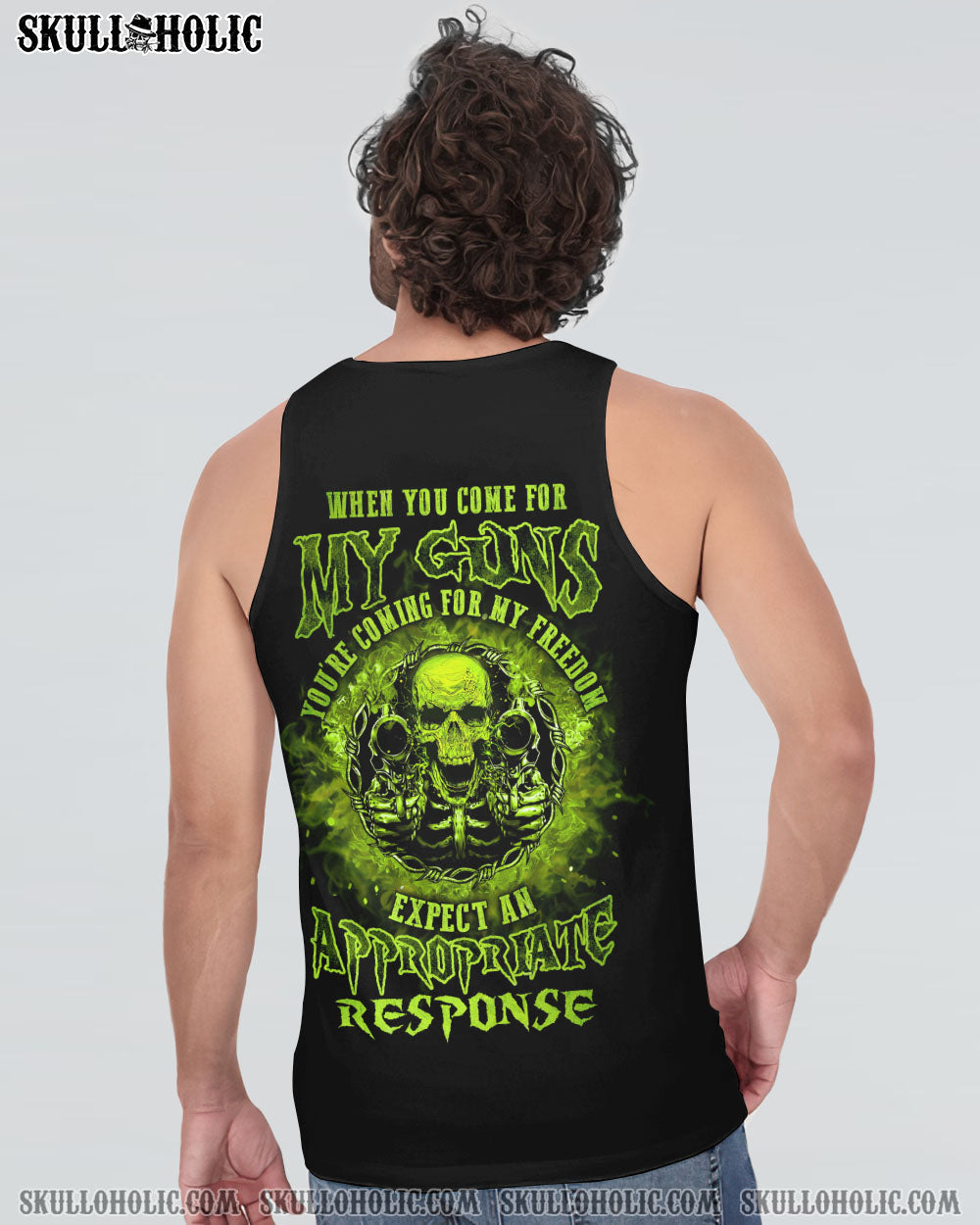 My Guns My Freedom Expect an Appropriate Response Green Skull Graphic Tee AOP Shirts _5_ 5Avc9