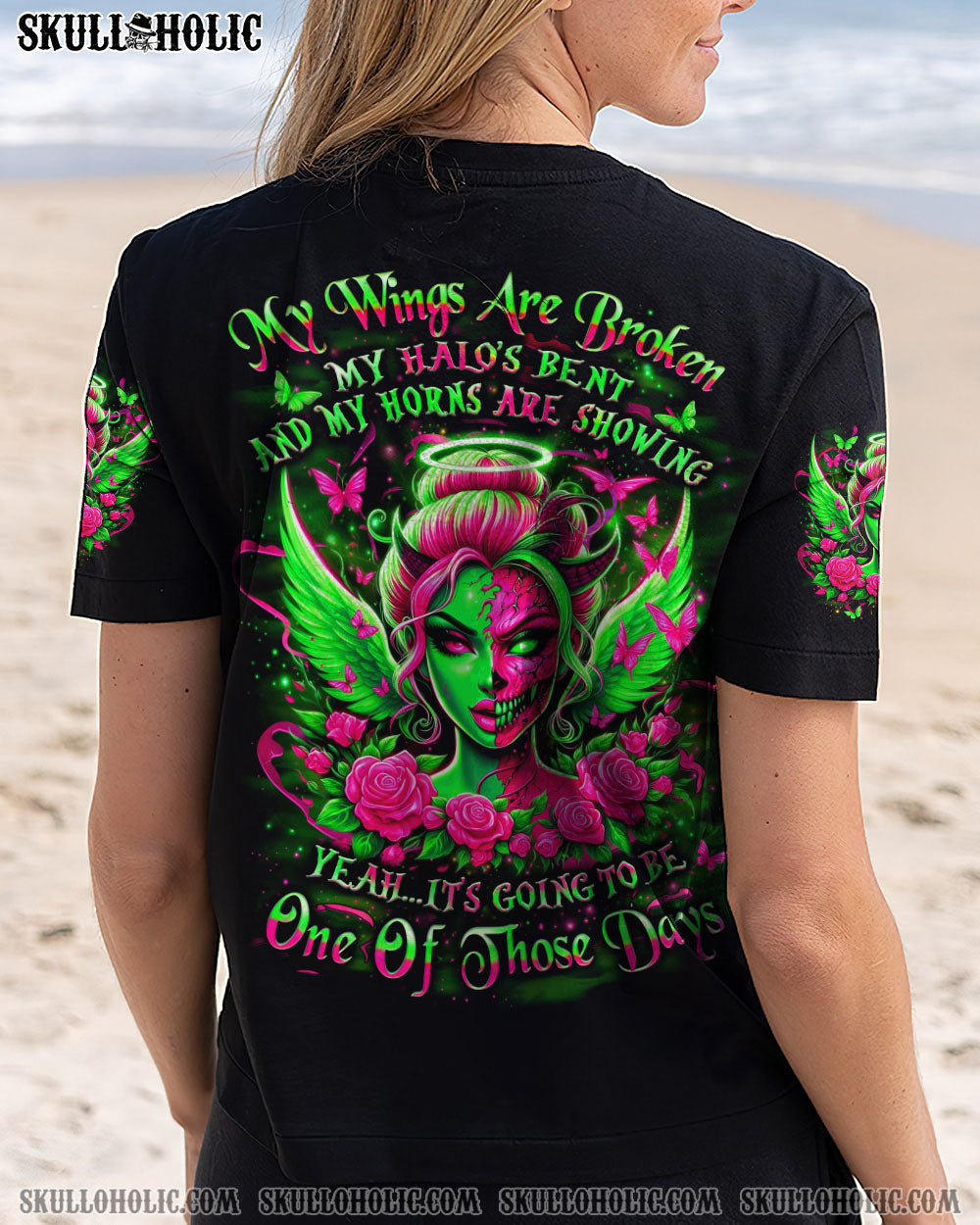 My Wings Are Broken One of Those Days Gothic Angel and Devil Neon Green Roses AOP Shirts _12_ MsI7d