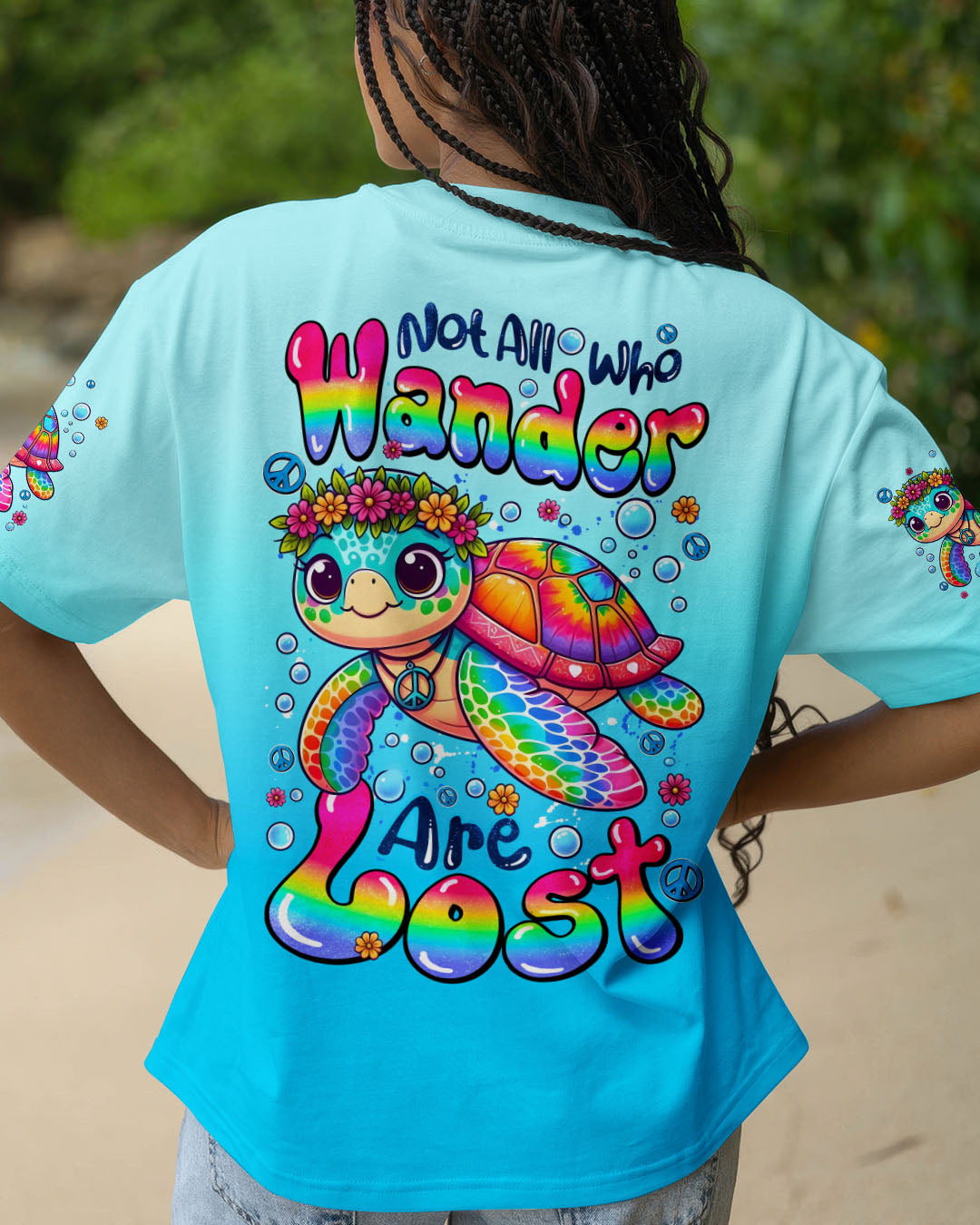 Not All Who Wander Are Lost Cute Turtle Rainbow _26 Peace Sign Hippie Design AOP Shirts _12_ uNIyh