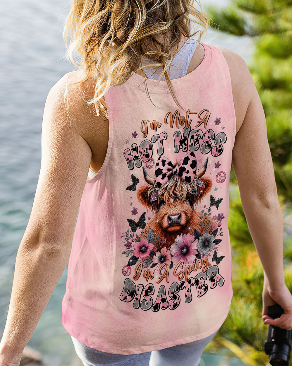 Not a Hot Mess Im A Spicy Disaster Cute Cow Design with Flowers _26 Butterflies AOP Shirts _11_ hLv4N