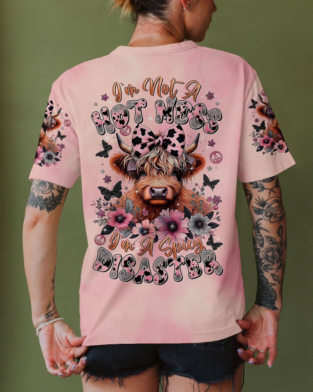 Not a Hot Mess Im A Spicy Disaster Cute Cow Design with Flowers _26 Butterflies AOP Shirts _3_ 3b5nn