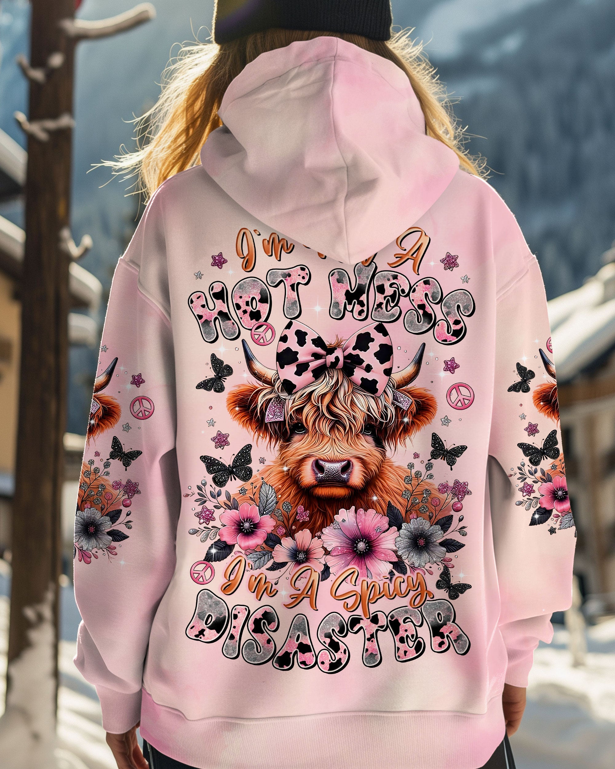 Not a Hot Mess Im A Spicy Disaster Cute Cow Design with Flowers _26 Butterflies AOP Shirts _5_ zr9J4