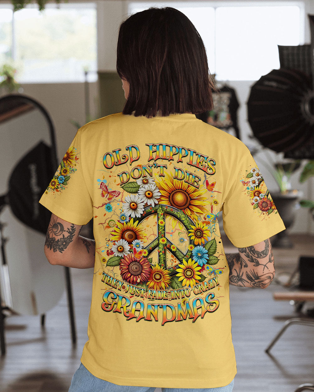 Old Hippies Into Crazy Grandmas Funny Sunflower Peace Sign AOP Shirts _1_ UXTID