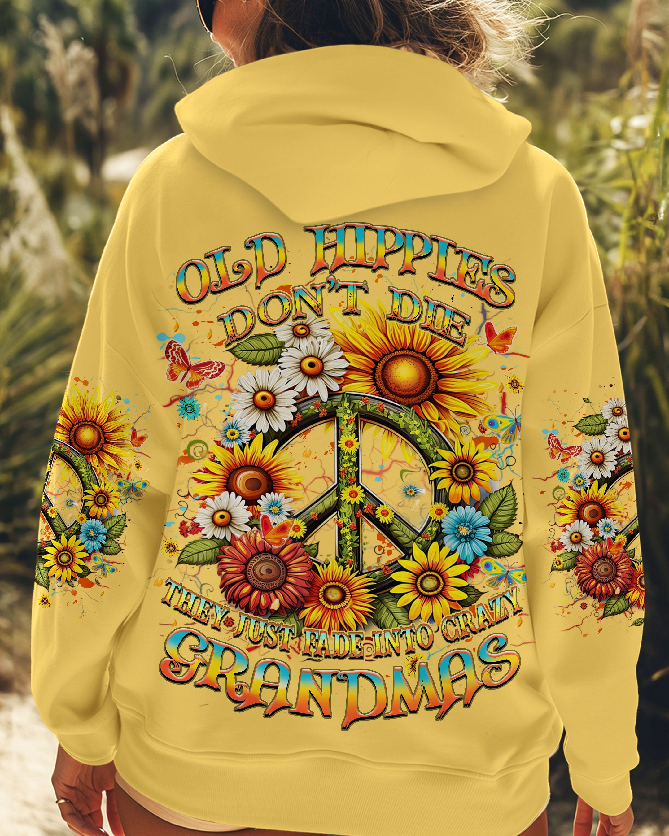 Old Hippies Into Crazy Grandmas Funny Sunflower Peace Sign AOP Shirts _5_ gz3id