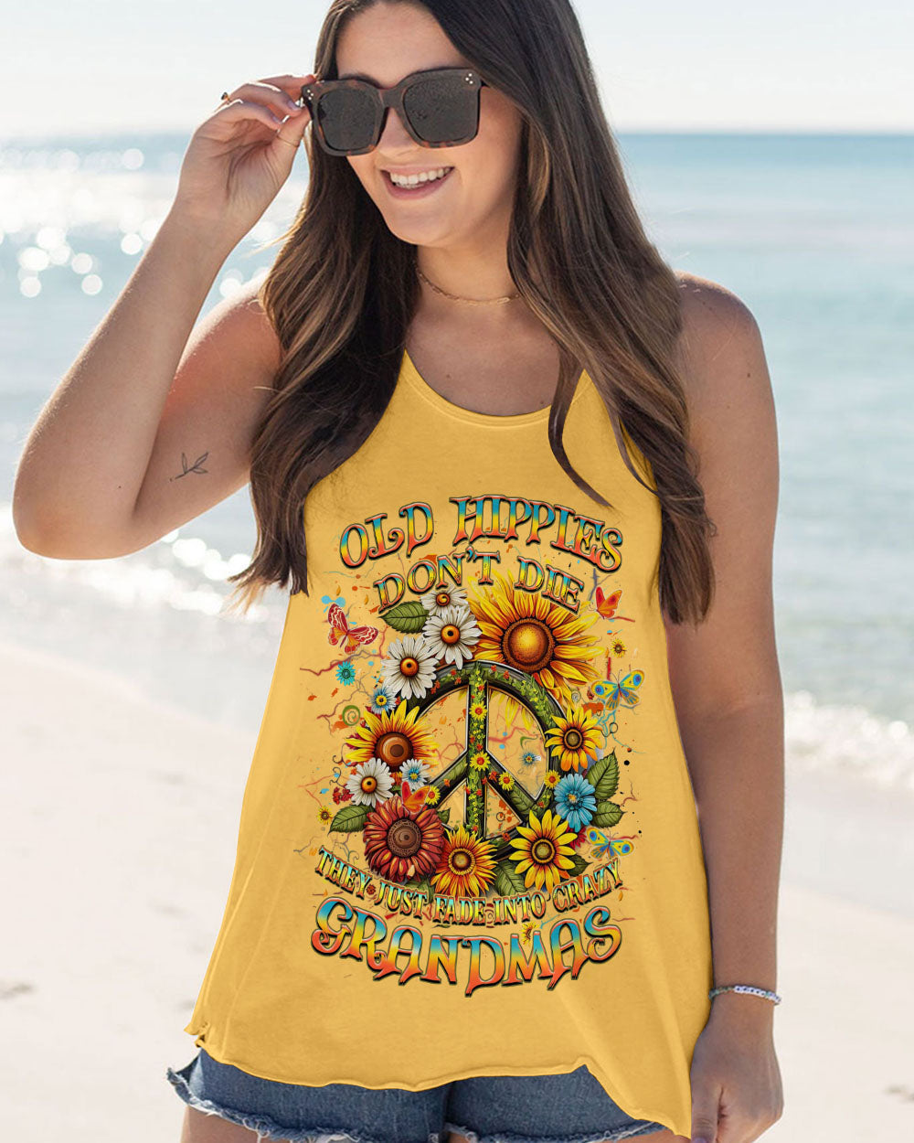 Old Hippies Into Crazy Grandmas Funny Sunflower Peace Sign AOP Shirts _9_ wWptx