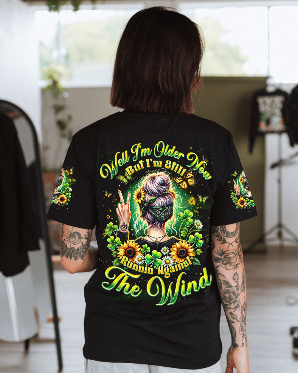 Older Now But Im Still Runnin Against The Wind Hippie Sunflower Girl AOP Shirts _1_ b0FGT