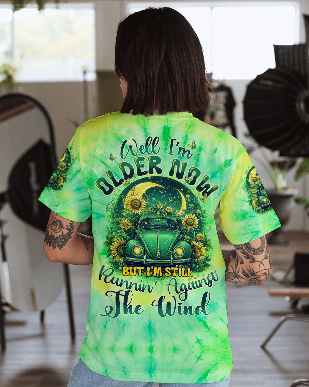 Older Now But Im Still Running Against the Wind Tie Dye Hippie VW Bug Sunflowers AOP Shirts _1_ pPjKr