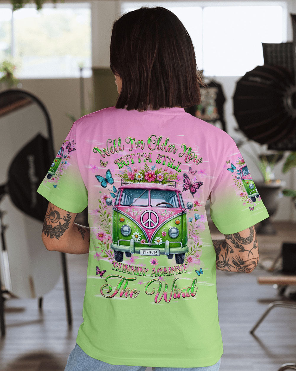 Older Now But Still Running Against The Wind Pink Green Peace Van and Floral Design AOP Shirts _10_ BsUNz