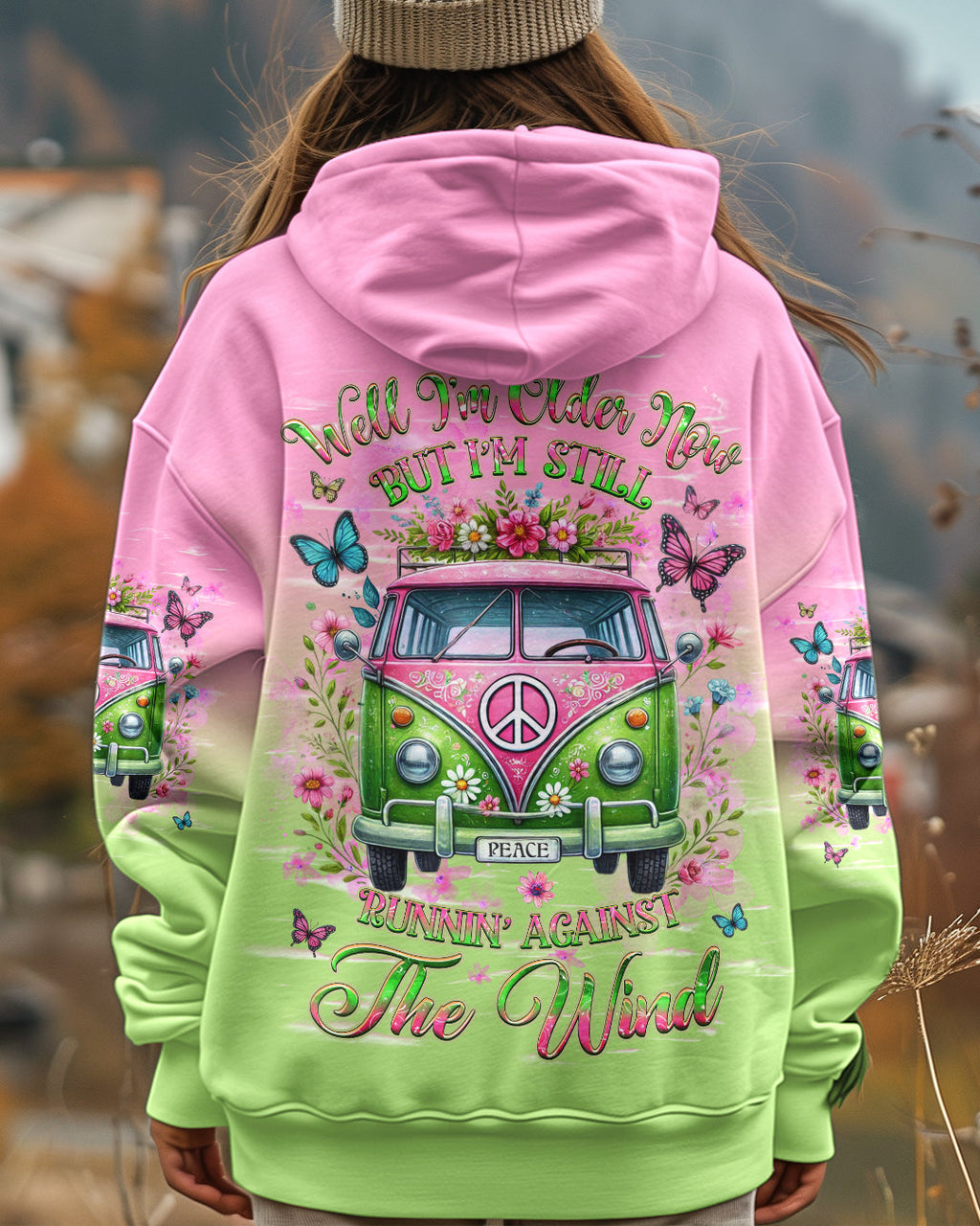 Older Now But Still Running Against The Wind Pink Green Peace Van and Floral Design AOP Shirts _1_ 58tv4