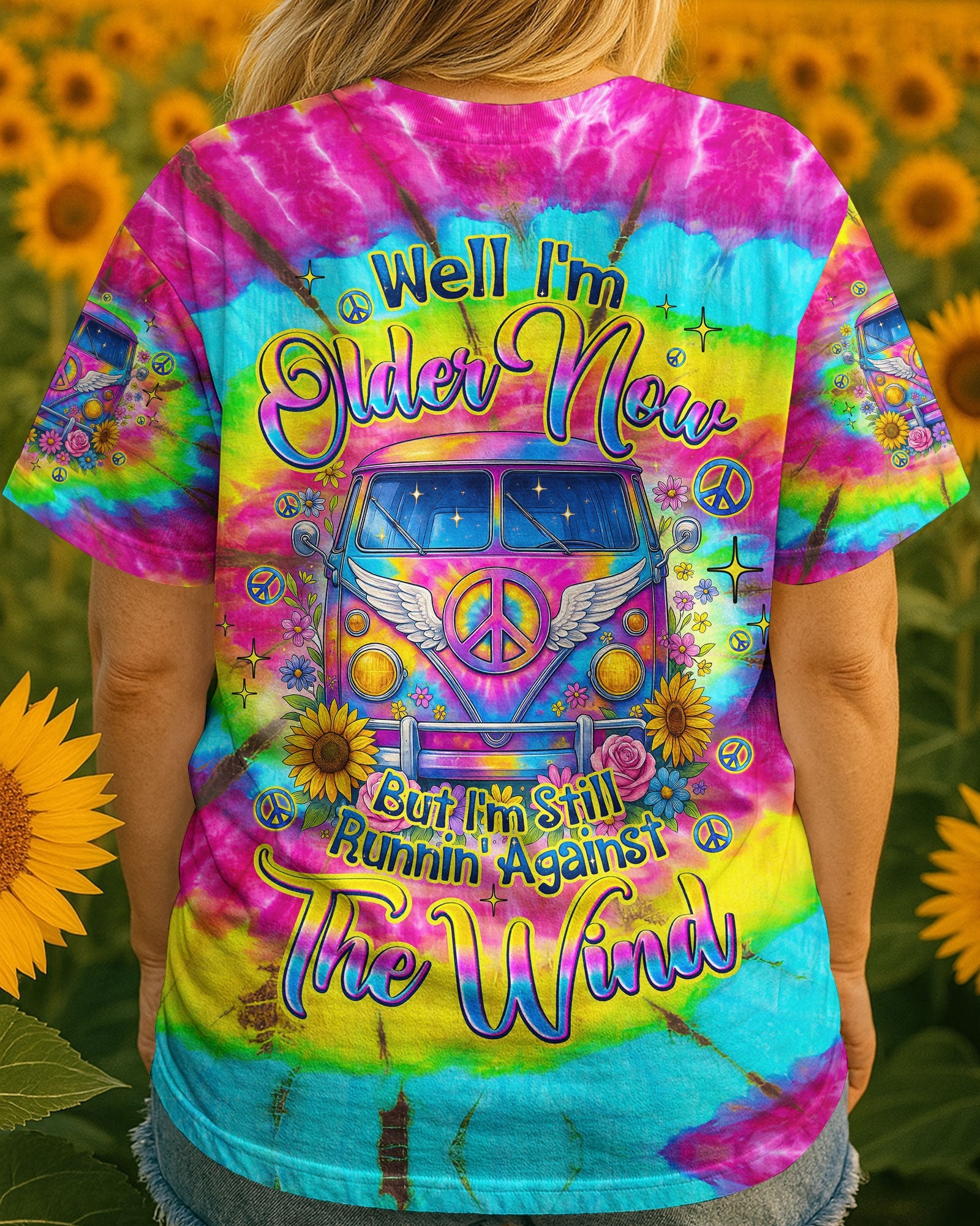 Older Now But Still Running Tie Dye Peace Sign VW Van Peace _26 Sunflowers AOP Shirts _5_ 0yZmO