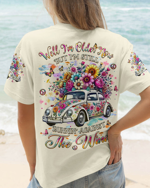 Older Now Still Runnin' Against the Wind - Floral Hippie Car Graphic for Women - AOP Shirts
