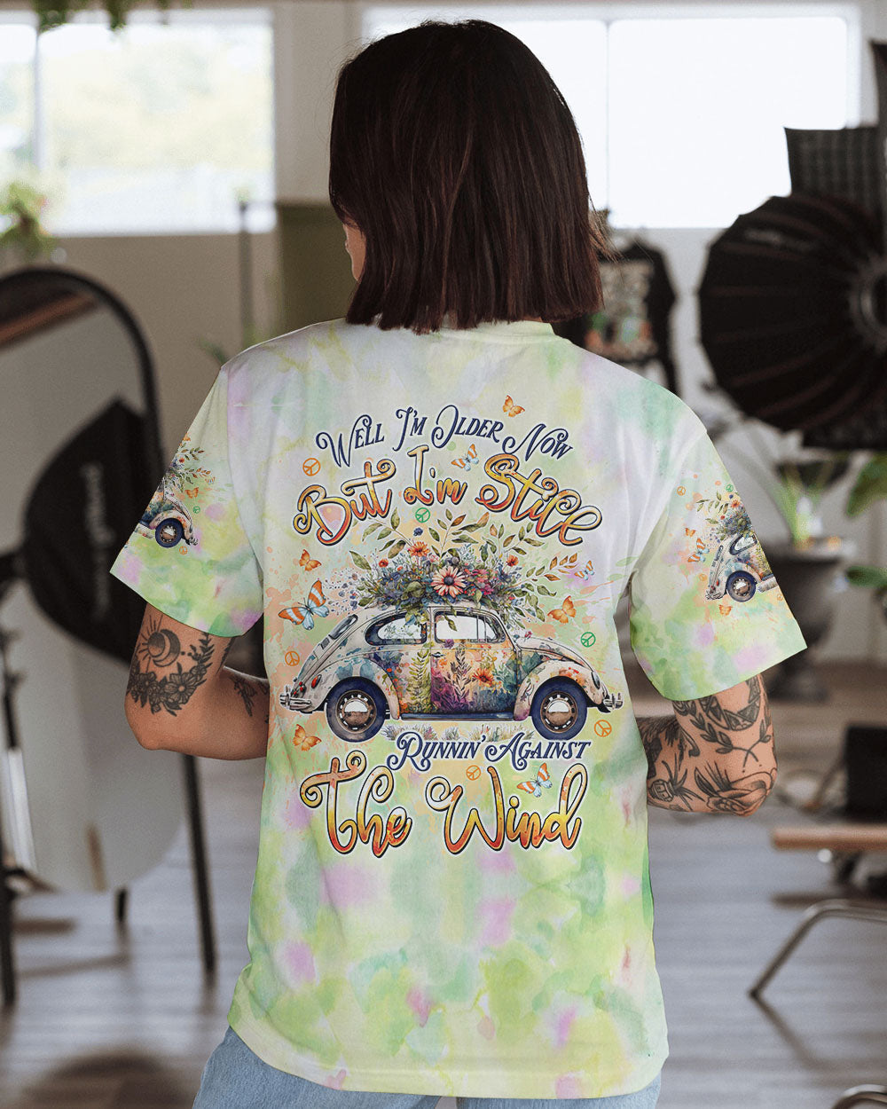 Older Now Still Runnin Against the Wind Floral VW Hippie Car Design AOP Shirts _8_ VGfFO
