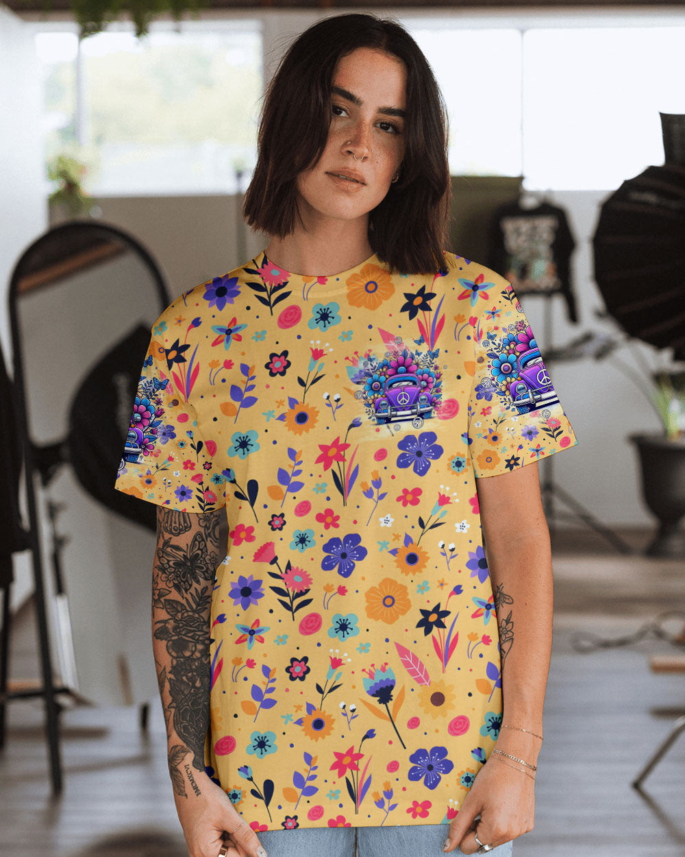 Older Now Still Runnin Against the Wind Hippie VW Flower Colorful Graphic AOP Shirts _3_ 3ixUK