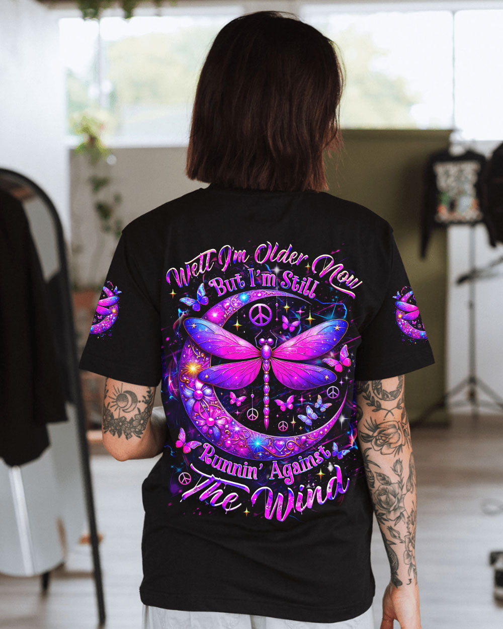 Older Now Still Runnin Purple Peaceful Moon and Dragonfly Graphic AOP Shirts _1_ OgkxA