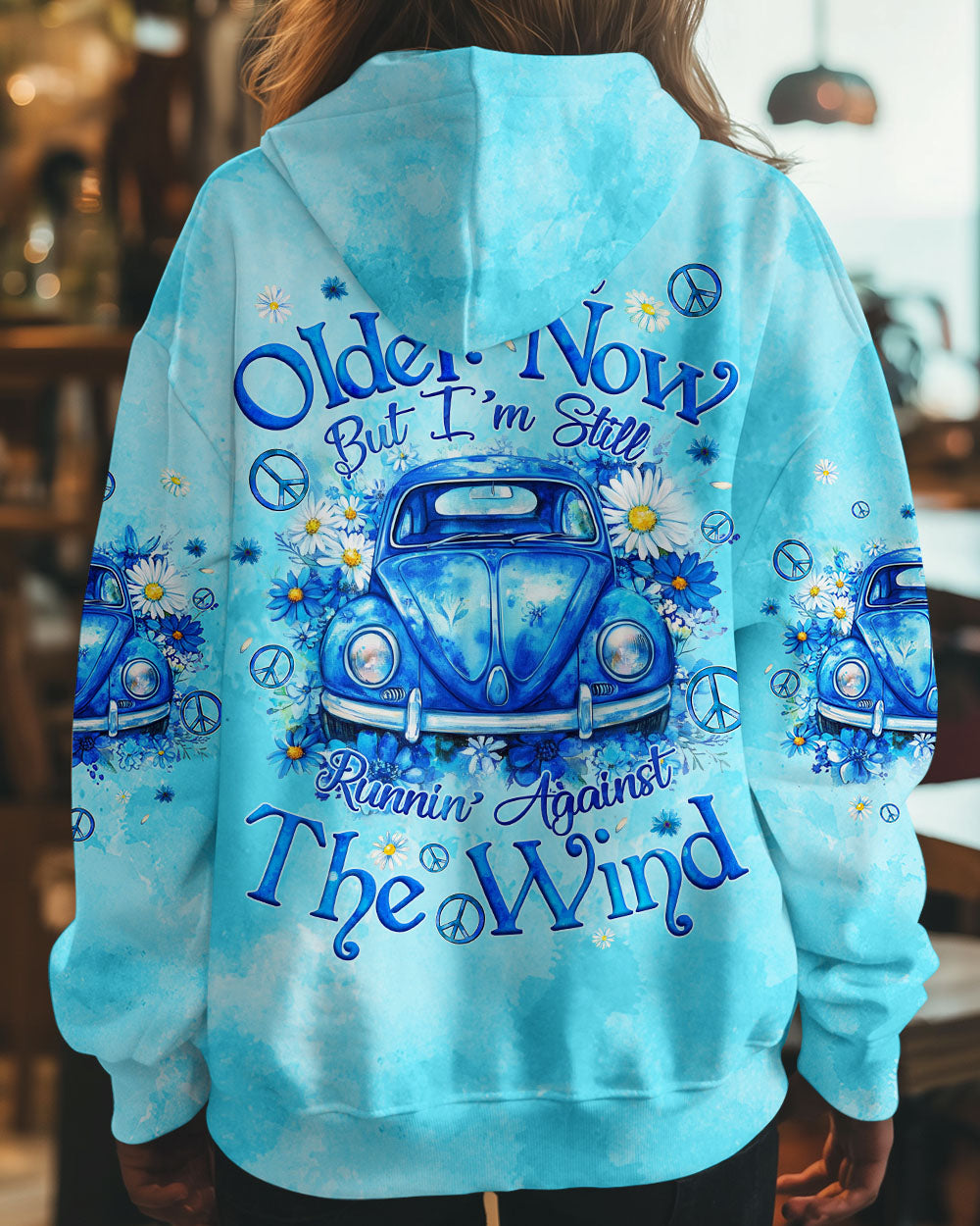 Older Now Still Running Against the Wind Blue VW Bug and Daisy Retro Hippie AOP Shirts _8_ Amyrj