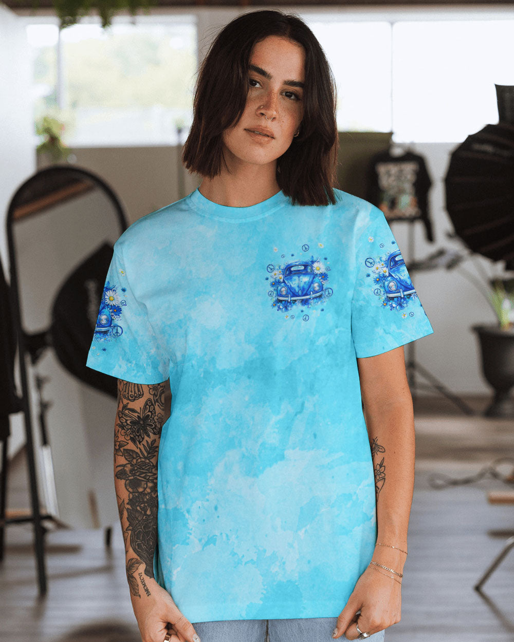 Older Now Still Running Against the Wind Blue VW Bug and Daisy Retro Hippie AOP Shirts _9_ ed6Pc