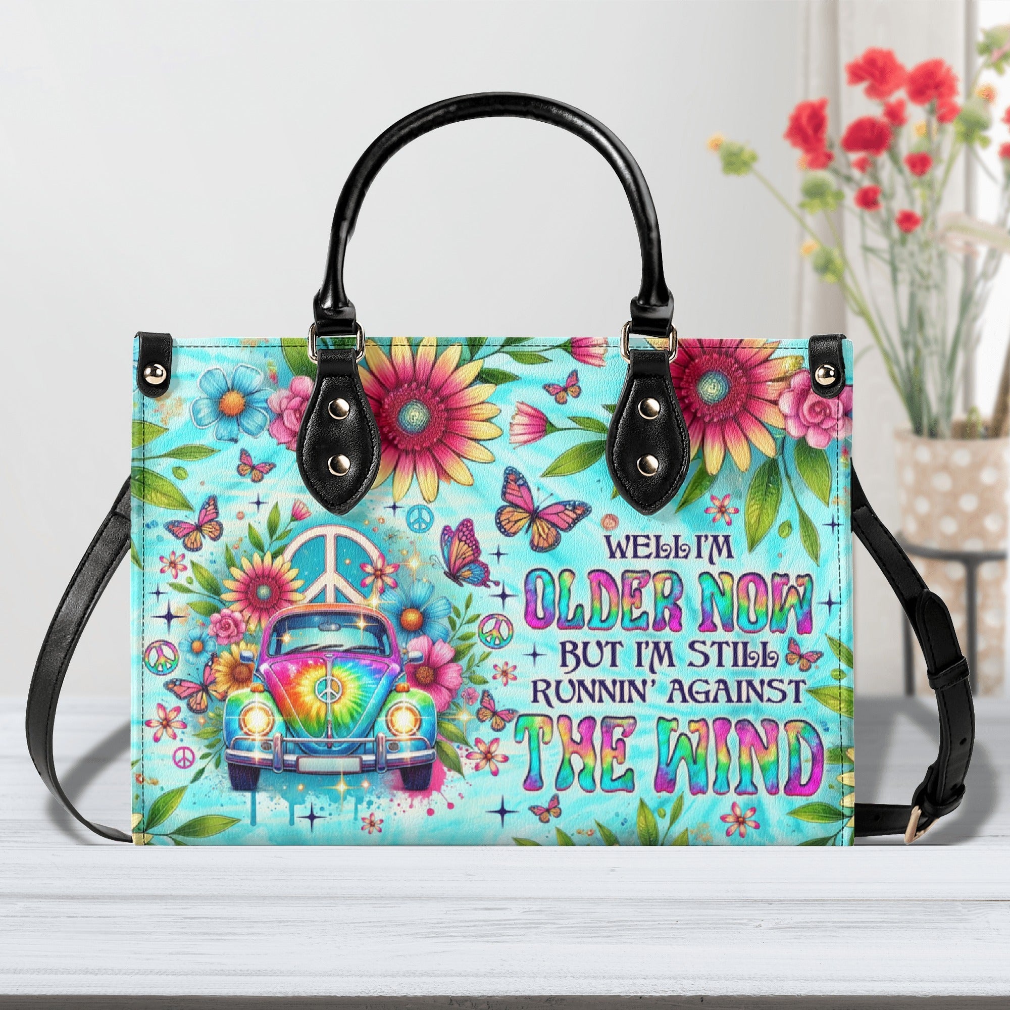 Older Now Still Running Against the Wind Retro Van Floral Hippie Leather Bag _1_ 1DvFm
