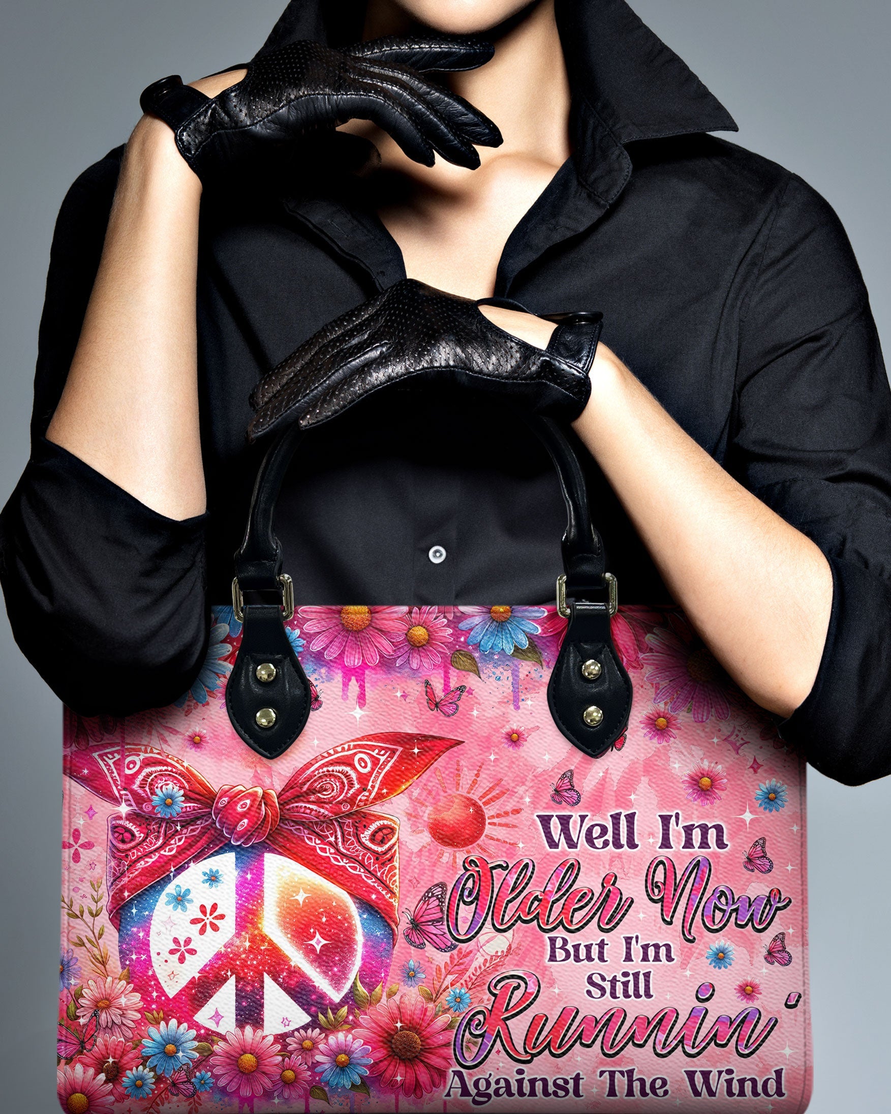 Older Now but Still Running Against The Wind Floral Peace Sign Hippie Leather Bag _10_ CRIci