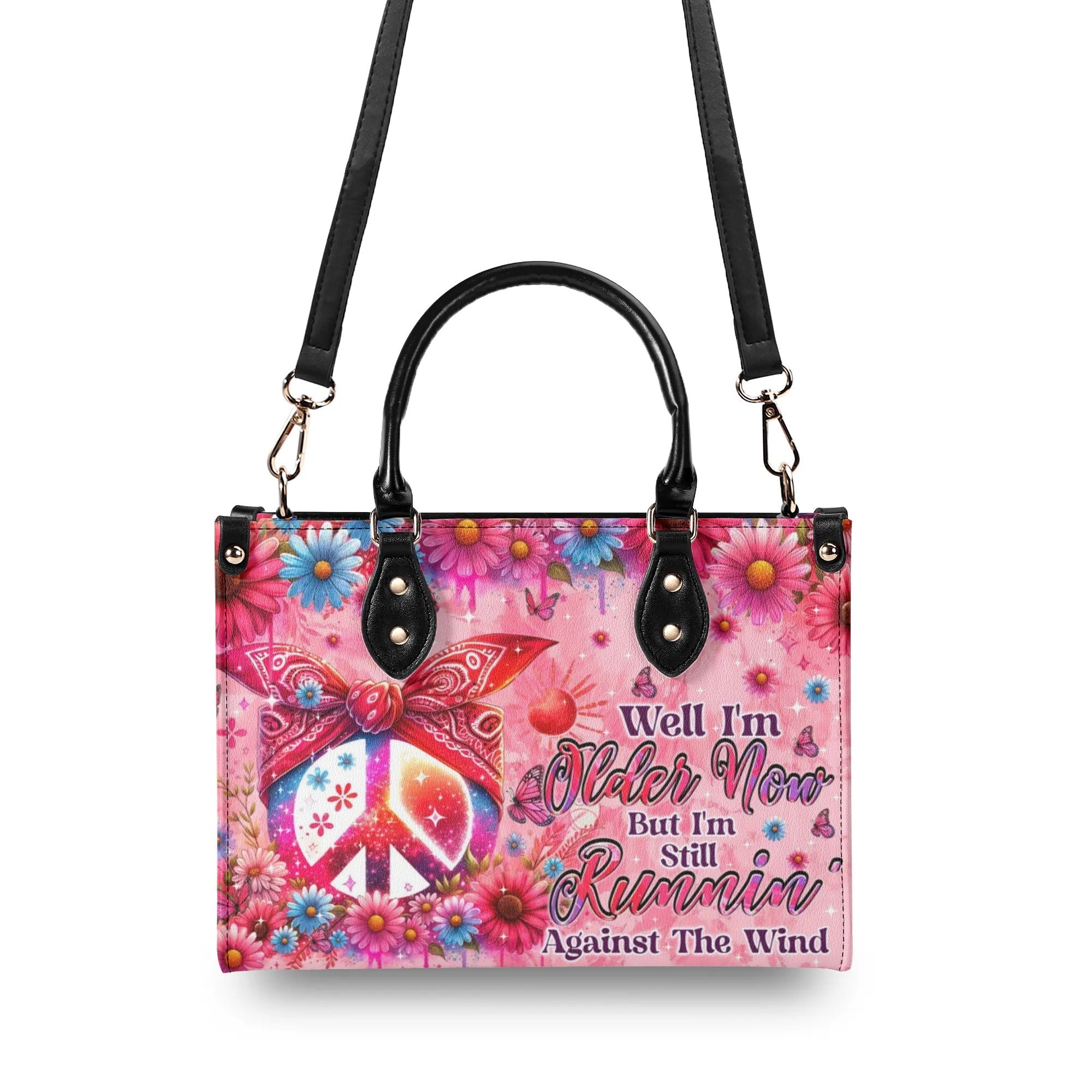 Older Now but Still Running Against The Wind Floral Peace Sign Hippie Leather Bag _2_ Cdz1n