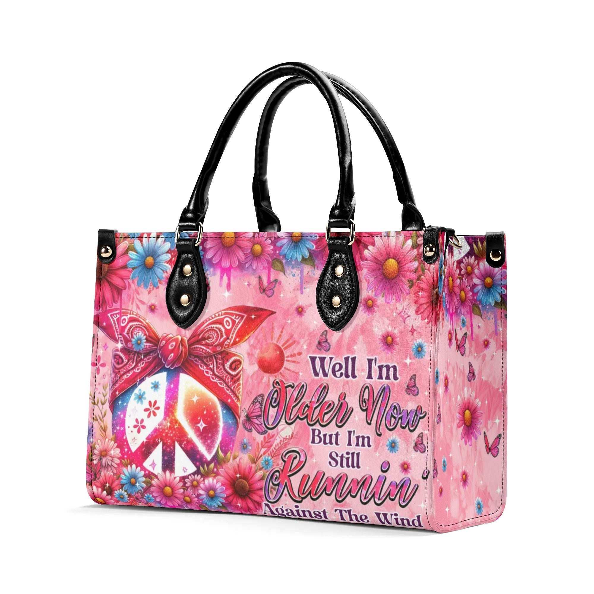 Older Now but Still Running Against The Wind Floral Peace Sign Hippie Leather Bag _4_ gRta8