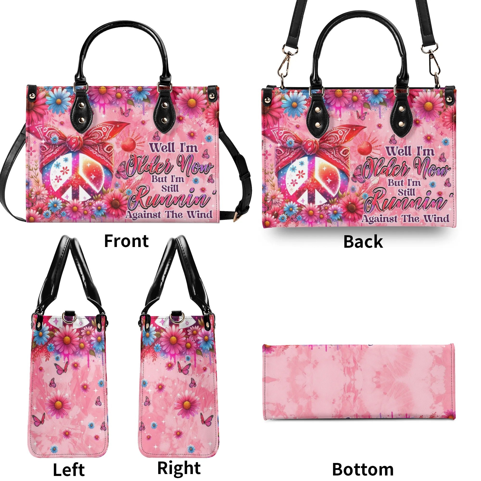 Older Now but Still Running Against The Wind Floral Peace Sign Hippie Leather Bag _5_ YSRqz