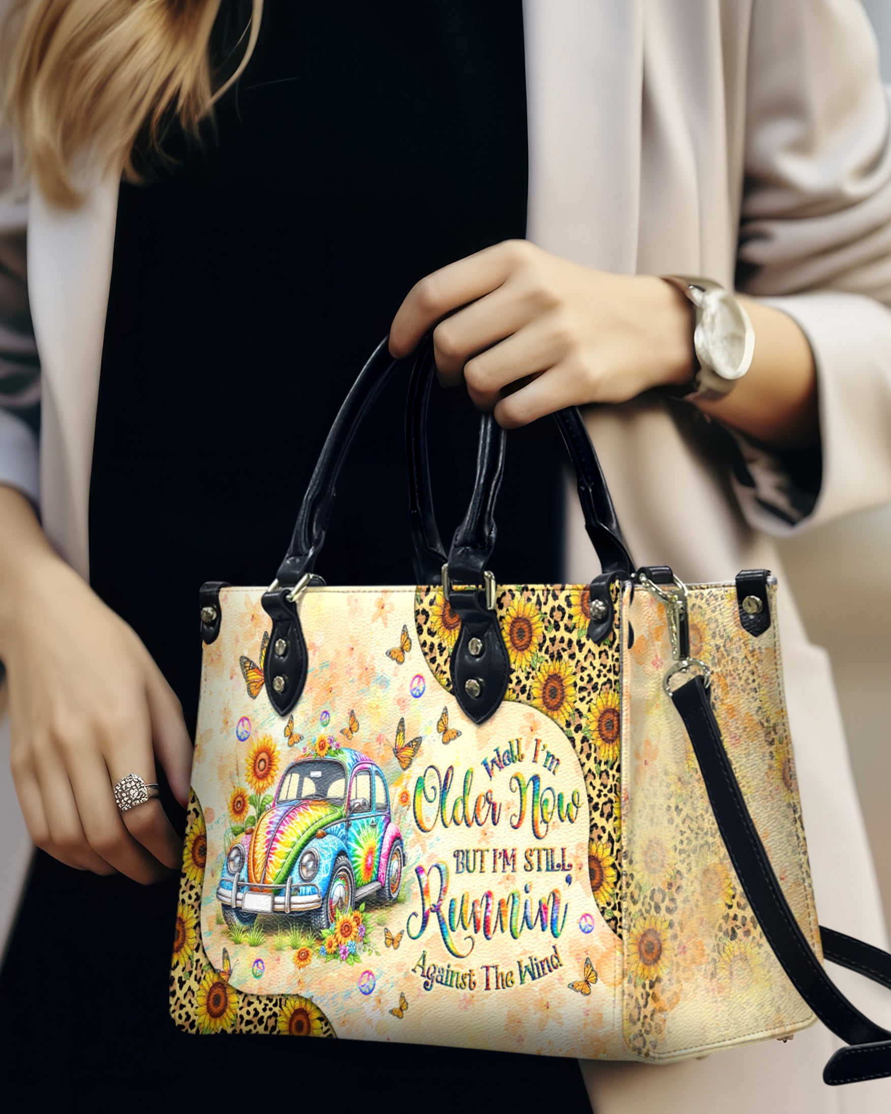 Older Now but Still Running Against The Wind Tie Dye VW Bug Hippie Leather Bag _10_ ddt0L