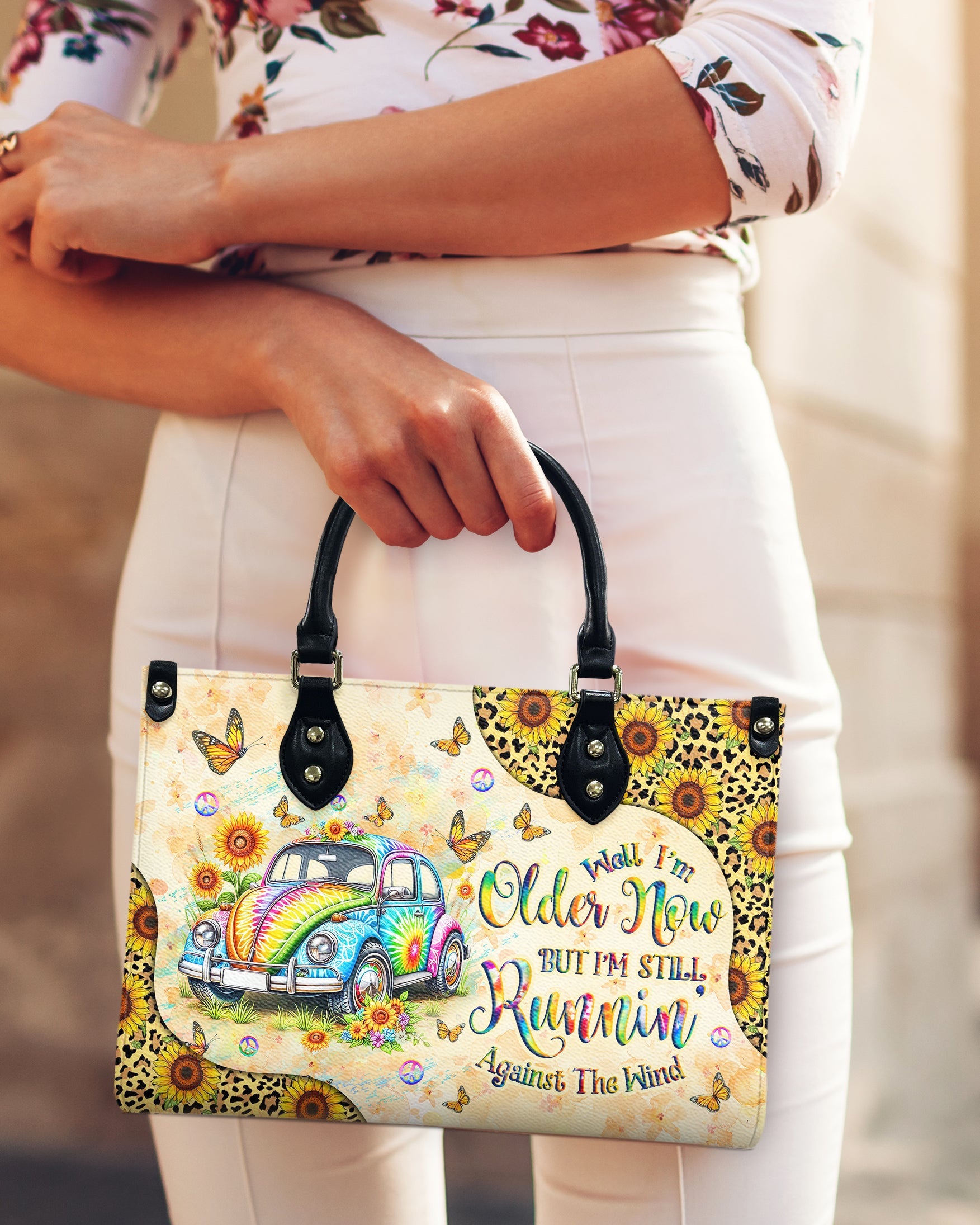 Older Now but Still Running Against The Wind Tie Dye VW Bug Hippie Leather Bag _11_ WoWCk