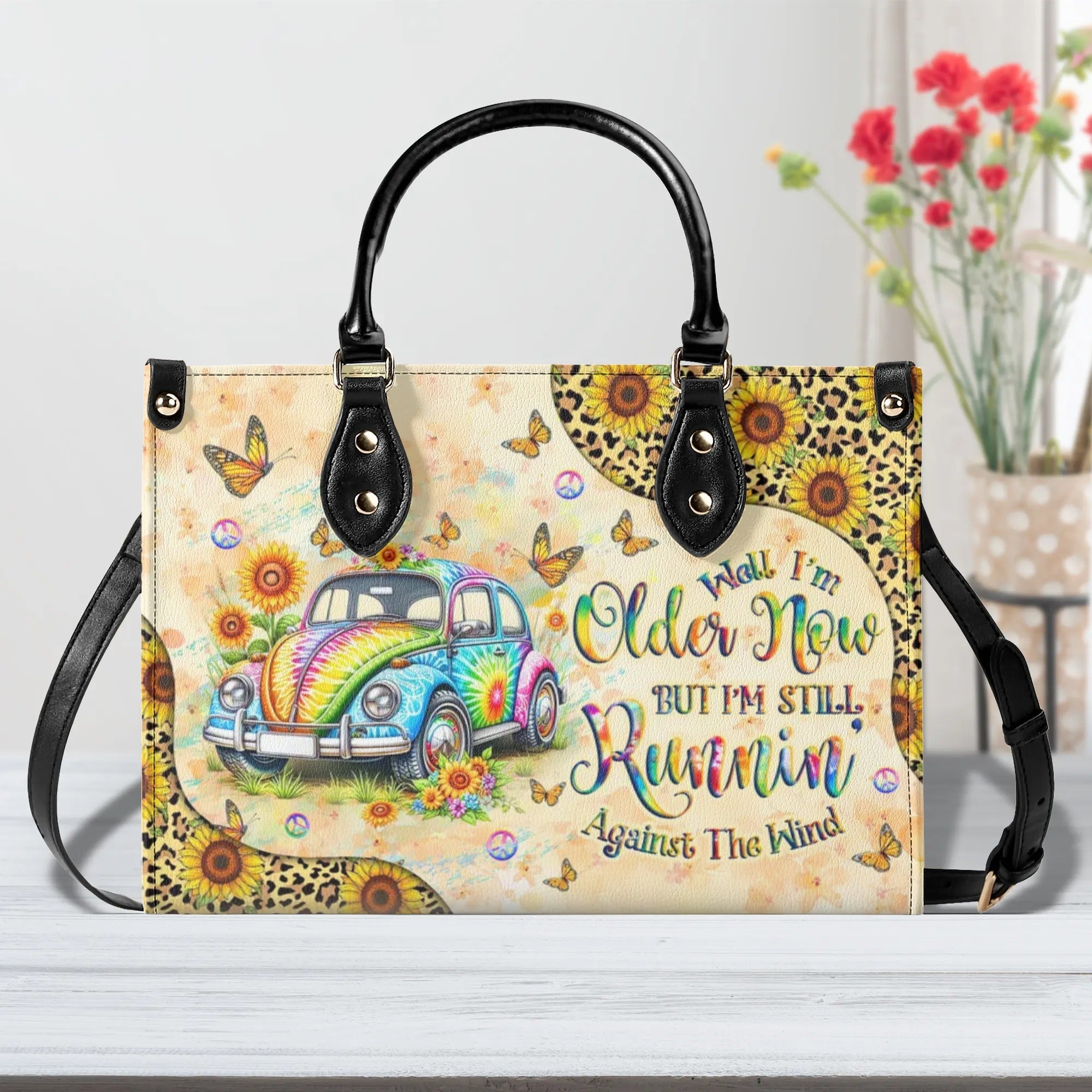 Older Now but Still Running Against The Wind Tie Dye VW Bug Hippie Leather Bag _4_ Qsoo5