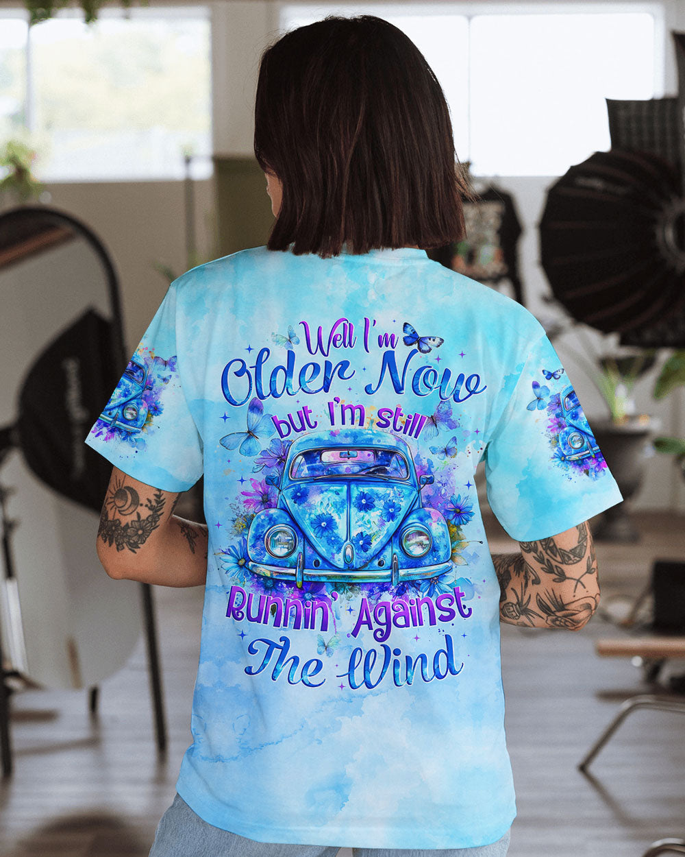Older Now but Still Running Against The Wind Tie dye Blue VW Car AOP Shirts _1_ j5Dpj